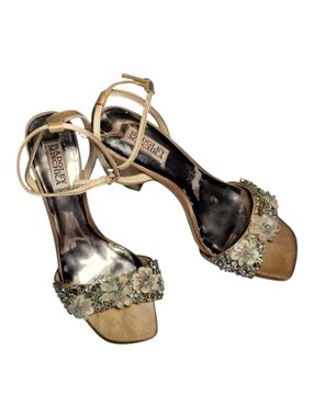 Badgley Mischka Women's Bronze Floral Embellished Ankle Strap Heels 8 1/2